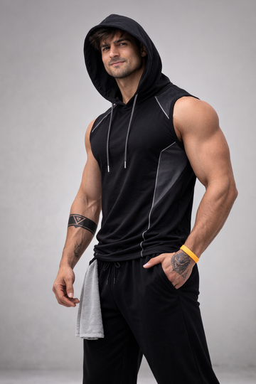 Shadow Sleeveless Cotton Sports Hoodie - Black (Men)