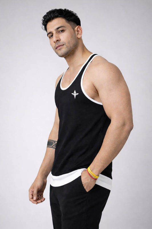 INDIAN HAWK Black Contrast Trim Gym Vest for Men