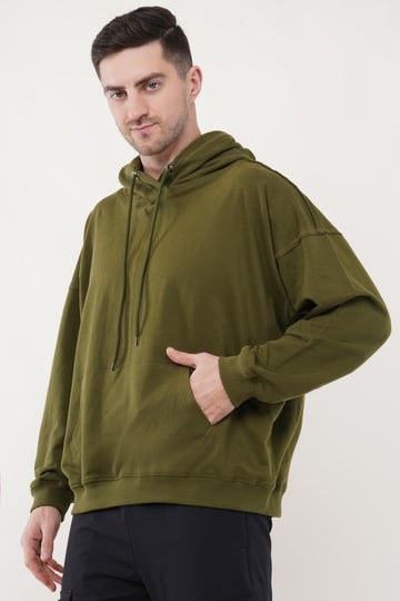 Raw Oversized Cotton Hoodie - Olive Green (Men)