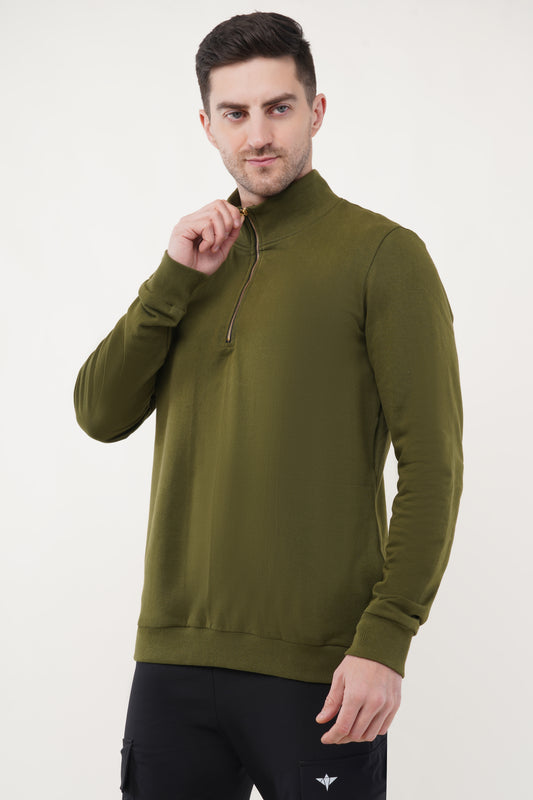 INDIAN HAWK Men’s Olive Green Half-Zip Sweatshirt