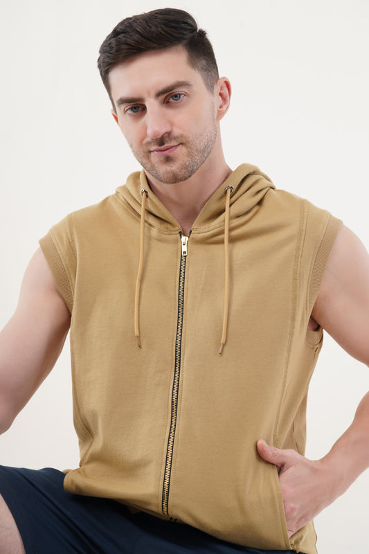 INDIAN HAWK Men’s Mustard Yellow Sleeveless Zipper Hoodie