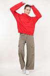 Cloud Oversized Raw Edge Seam Cotton Hoodie - Red (Women)