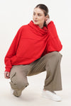 Cloud Oversized Raw Edge Seam Cotton Hoodie - Red (Women)
