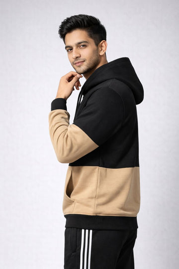 INDIAN HAWK Black & Beige Color Block Hoodie for Men