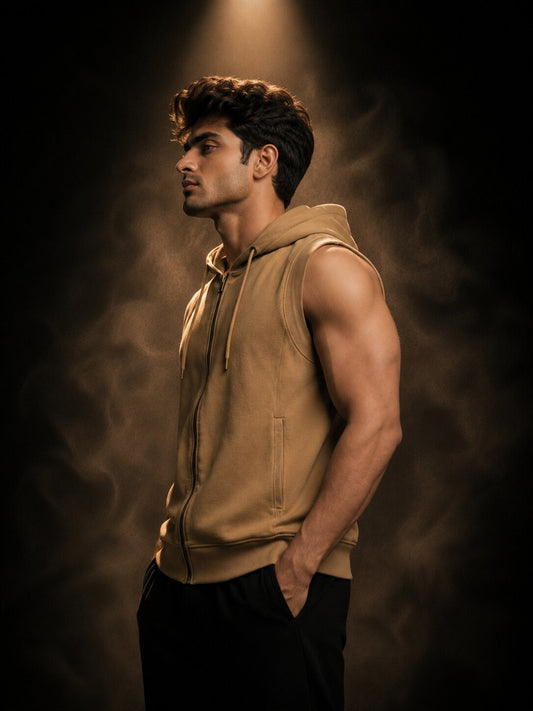 Roar Sleeveless Regular Fit Cotton Hoodie - Mustard Yellow (Men)