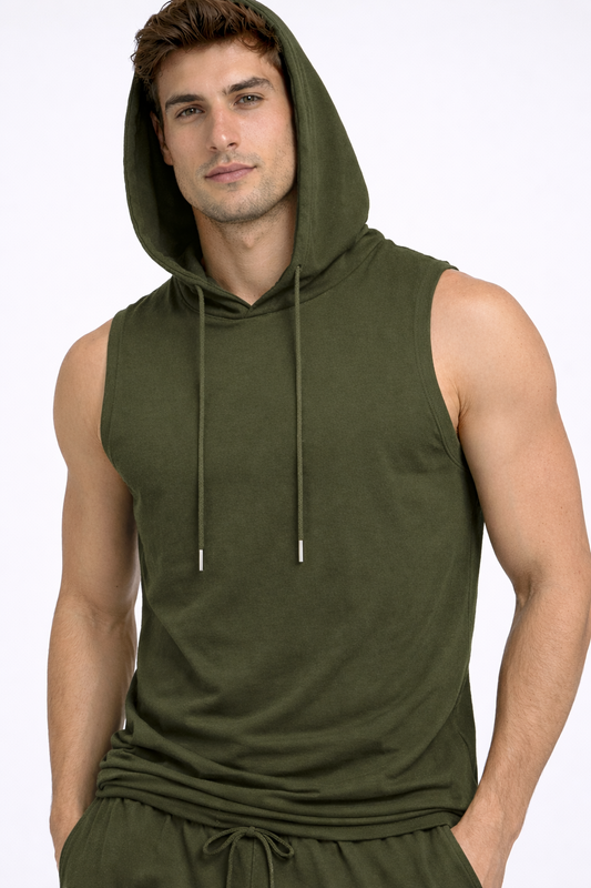 Raven Sports Sleeveless Cotton Hoodie - Olive Green (Men)