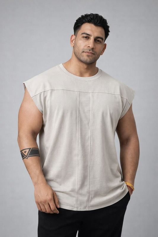 INDIAN HAWK Men’s Beige Oversized Sleeveless T-Shirt
