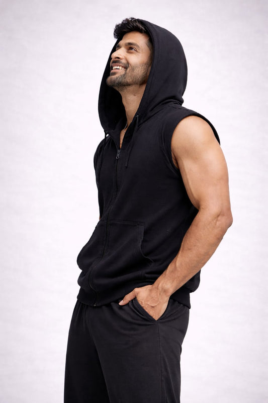 Indian Hawk Men’s Black Sleeveless Zip Hoodie – Premium Cotton