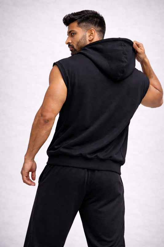 Indian Hawk Men’s Black Sleeveless Zip Hoodie – Premium Cotton