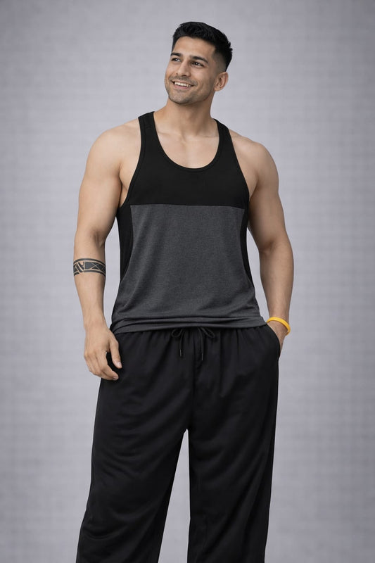 Indian Hawk Men’s Black & Charcoal Gym Tank Top – Colorblock Athletic