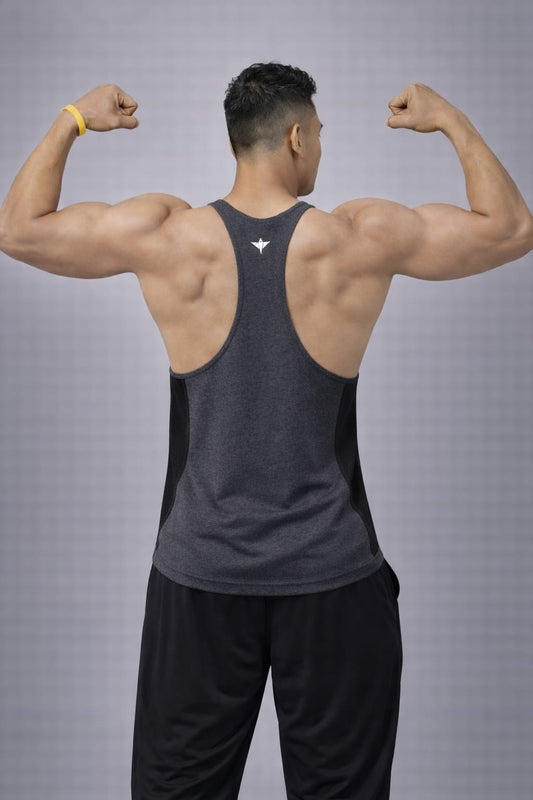 Indian Hawk Men’s Black & Charcoal Gym Tank Top – Colorblock Athletic