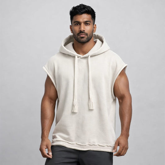 Indian Hawk Men’s Beige Sleeveless Hoodie – Premium Cotton